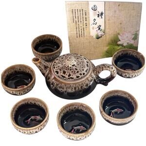 Coi Fish 3D Bottom TEA SET Ceramic Glaze Teapot 6 Tea Cups Ceremony Saki Boxed